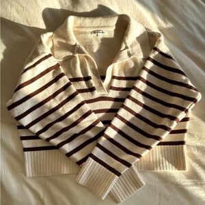 Reformation Cream and Brown Striped V-Neck Sweater